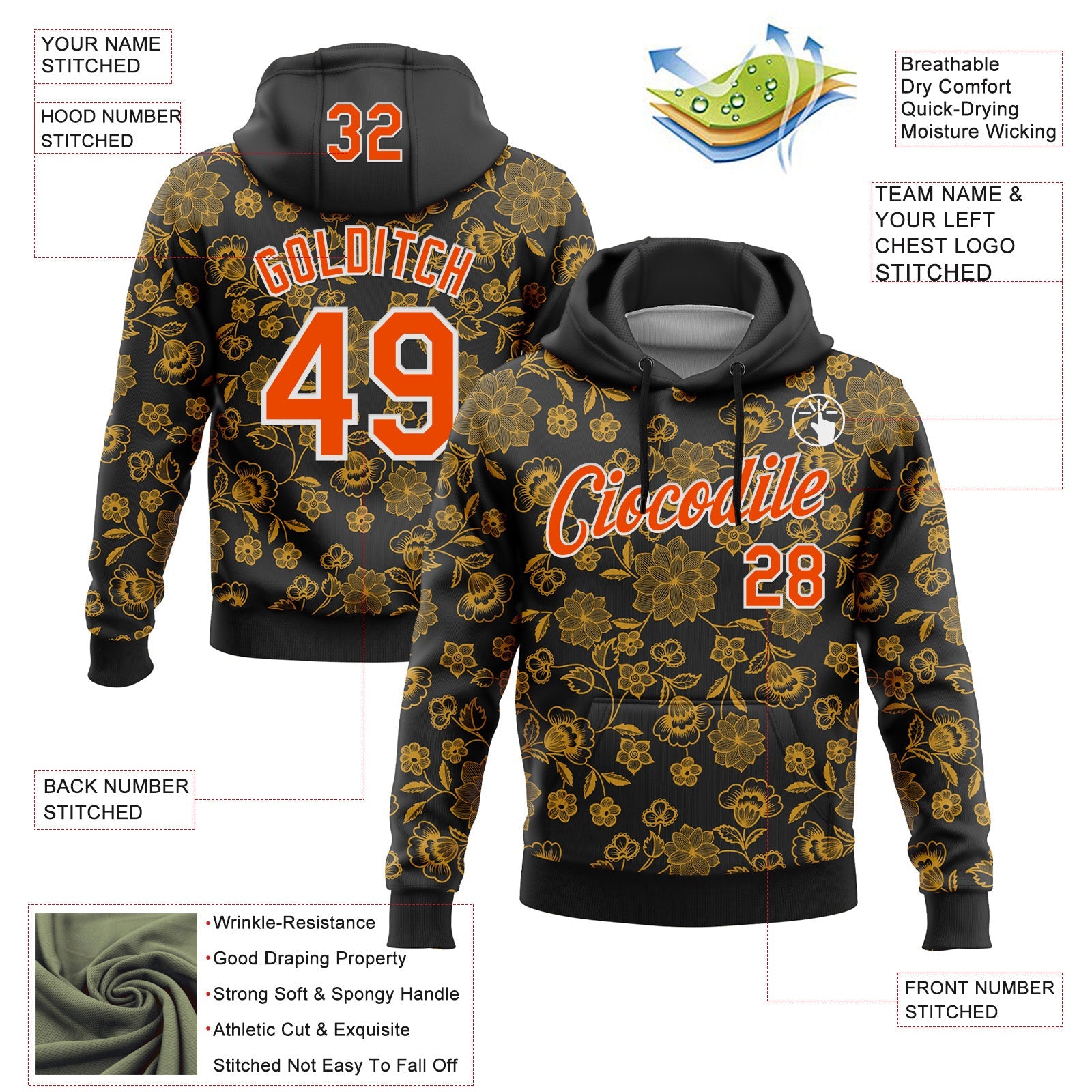 Custom Stitched Black Orange-White 3D Pattern Design Golden Subtle Floral Sports Pullover Sweatshirt Hoodie view 2