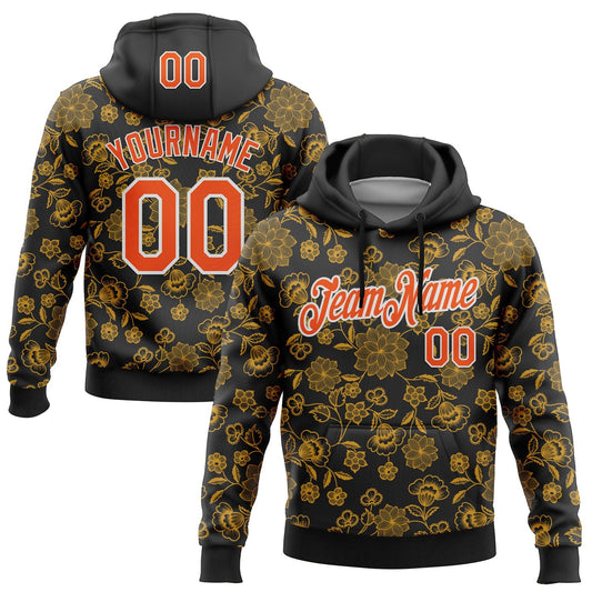 Custom Stitched Black Orange-White 3D Pattern Design Golden Subtle Floral Sports Pullover Sweatshirt Hoodie - Main View