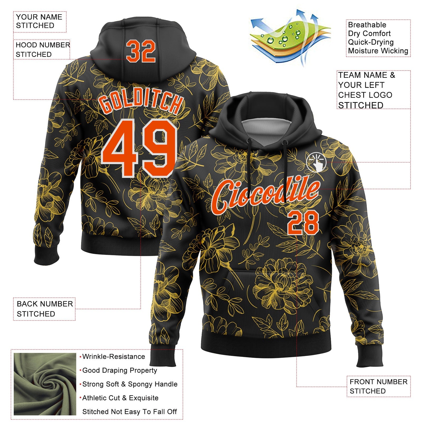 Custom Stitched Black Orange-White 3D Pattern Design Golden Subtle Floral Sports Pullover Sweatshirt Hoodie view 2