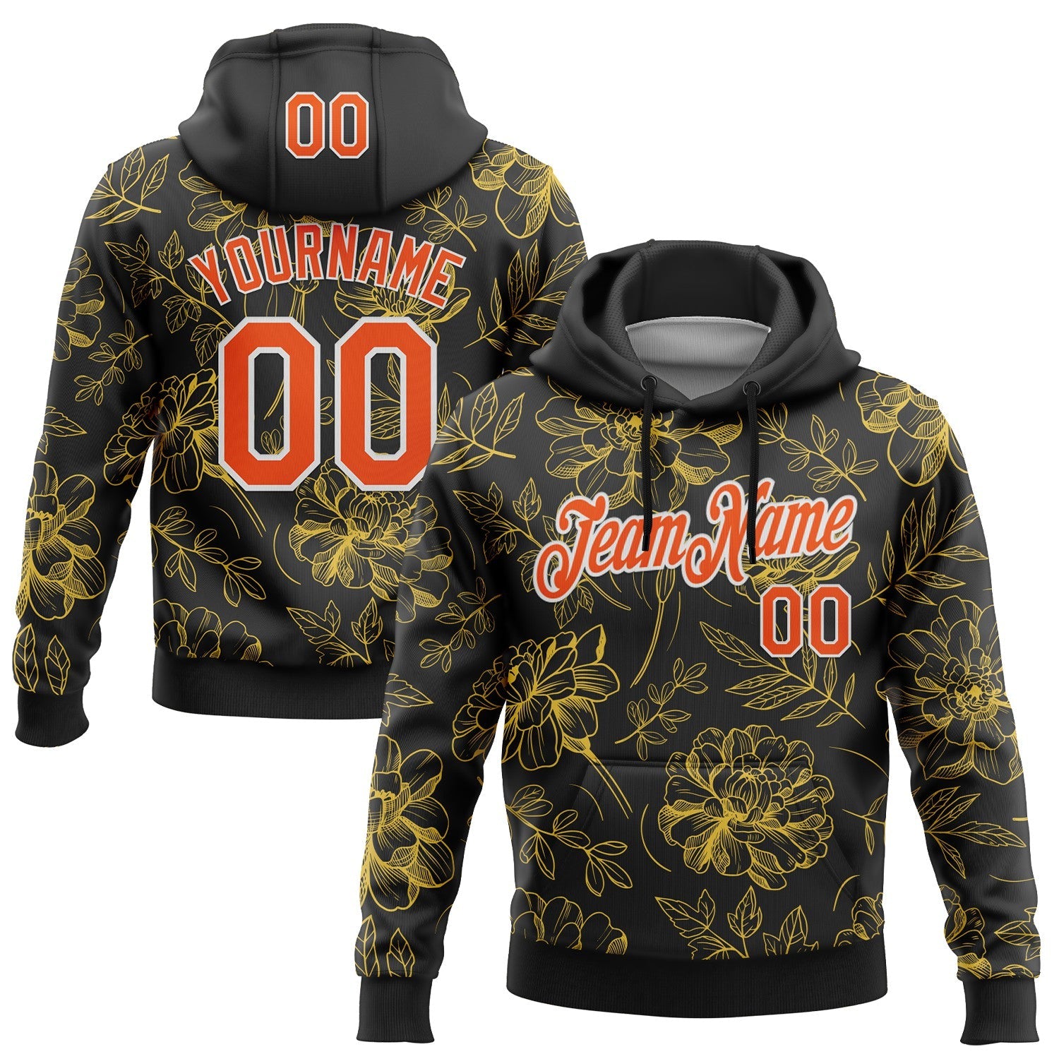 Custom Stitched Black Orange-White 3D Pattern Design Golden Subtle Floral Sports Pullover Sweatshirt Hoodie - Main View