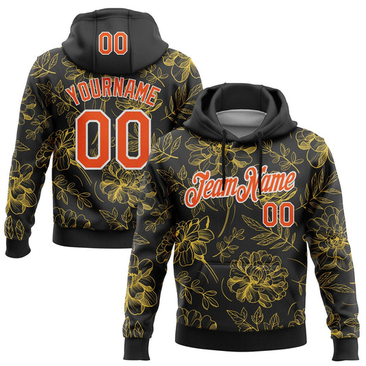 Custom Stitched Black Orange-White 3D Pattern Design Golden Subtle Floral Sports Pullover Sweatshirt Hoodie - Main View