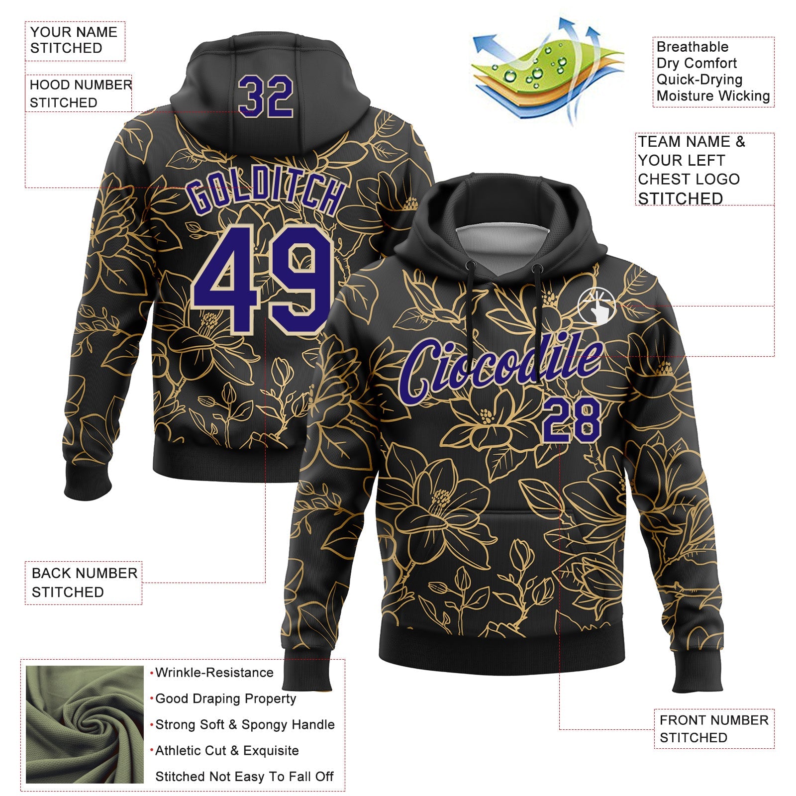 Custom Stitched Black Dark Purple-Cream 3D Pattern Design Golden Subtle Floral Sports Pullover Sweatshirt Hoodie view 2