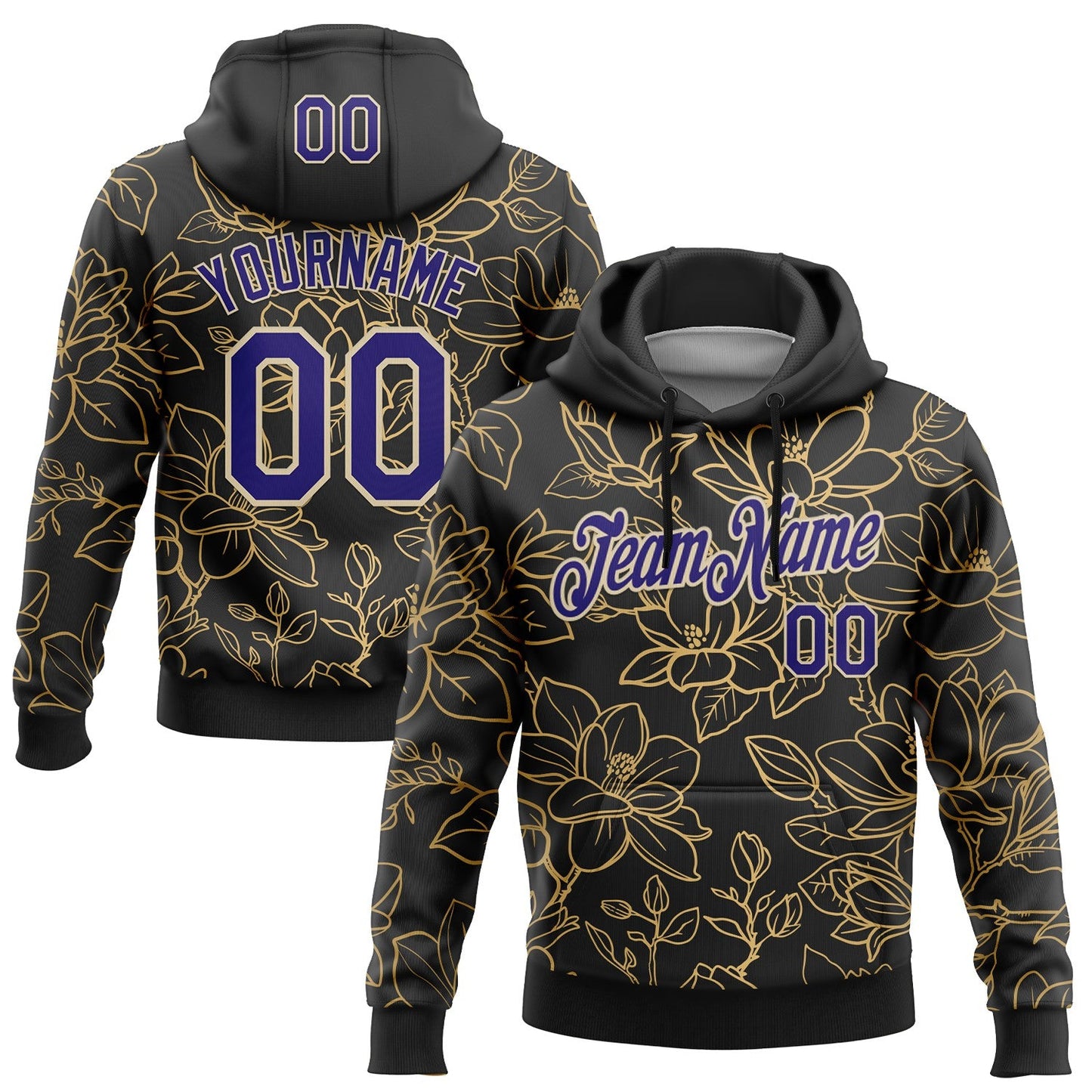Custom Stitched Black Dark Purple-Cream 3D Pattern Design Golden Subtle Floral Sports Pullover Sweatshirt Hoodie - Main View