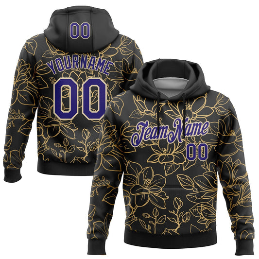 Custom Stitched Black Dark Purple-Cream 3D Pattern Design Golden Subtle Floral Sports Pullover Sweatshirt Hoodie - Main View