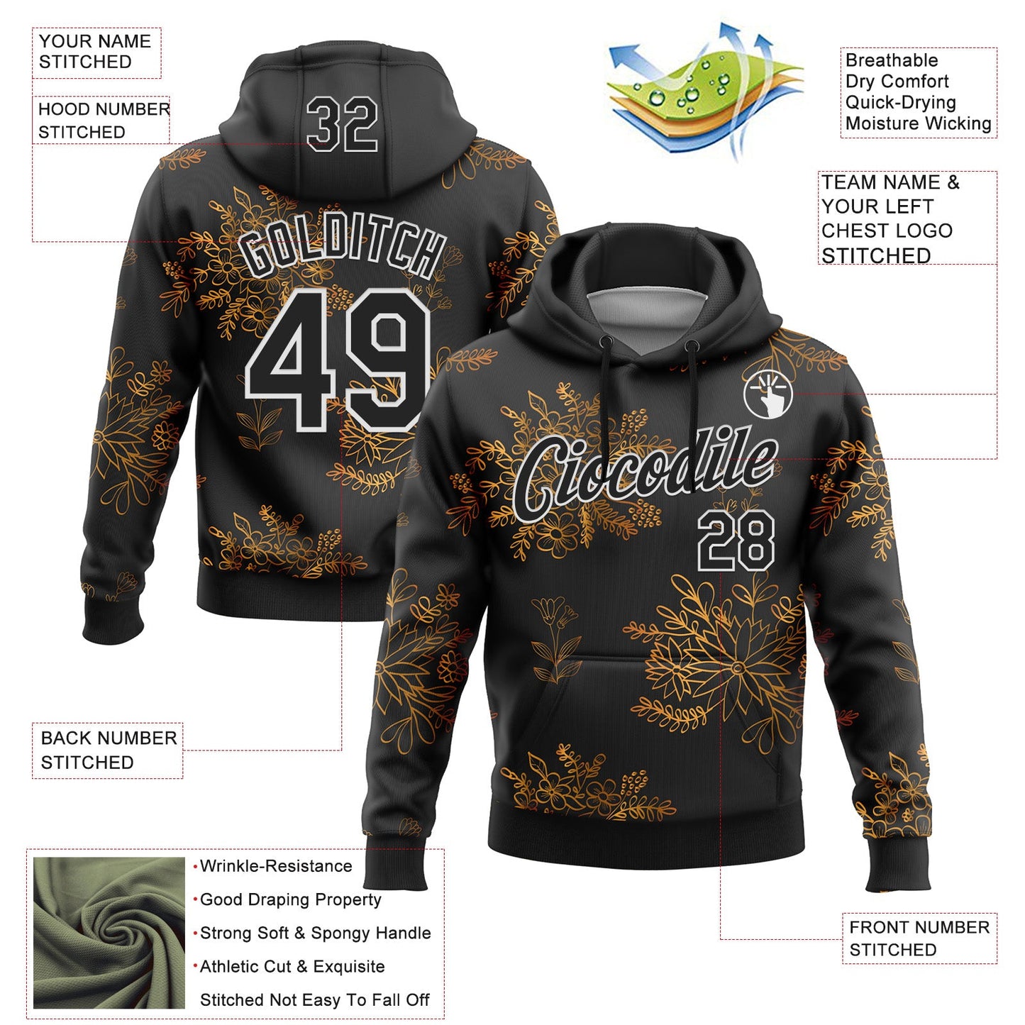 Custom Stitched Black White 3D Pattern Design Golden Subtle Floral Sports Pullover Sweatshirt Hoodie view 2
