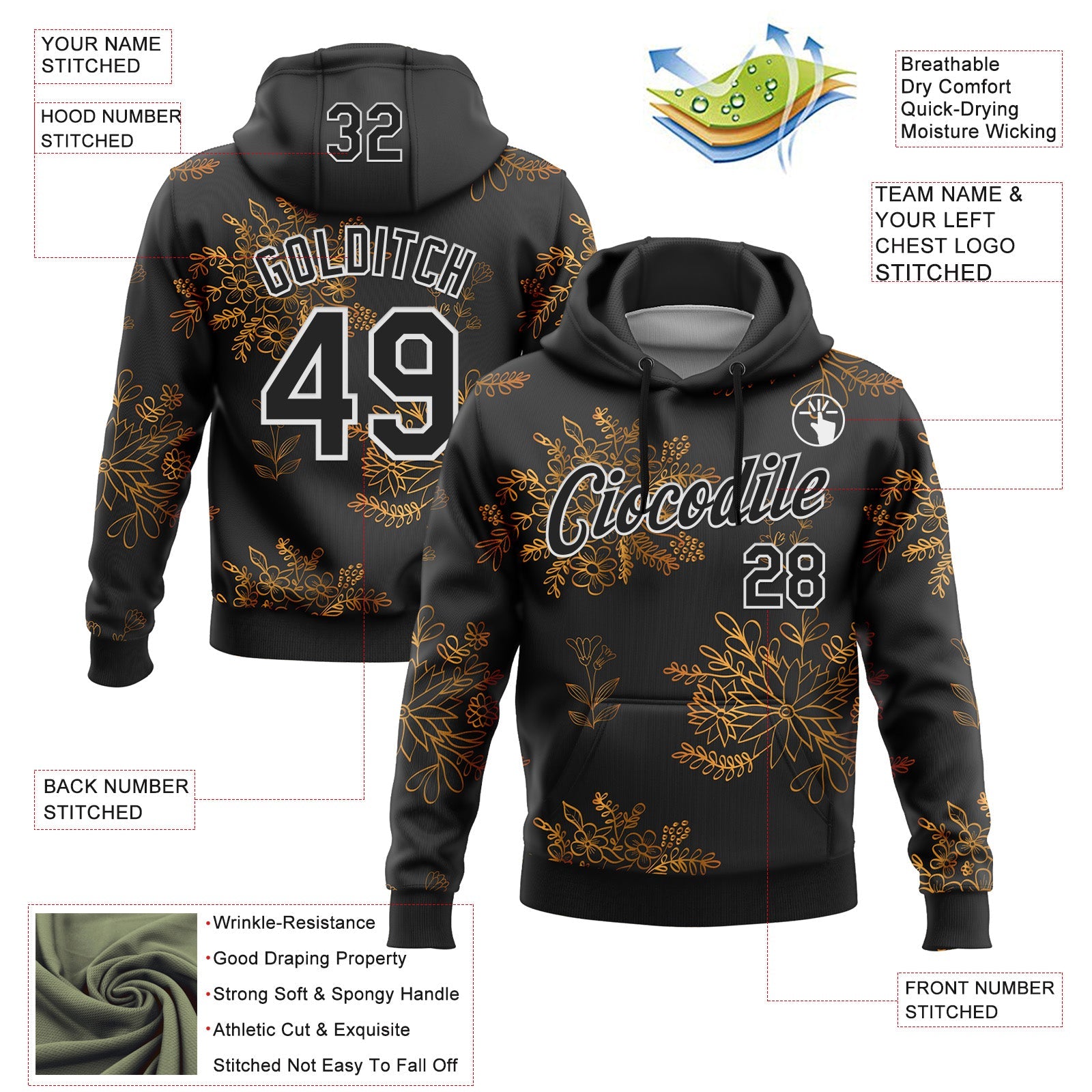 Custom Stitched Black White 3D Pattern Design Golden Subtle Floral Sports Pullover Sweatshirt Hoodie view 2