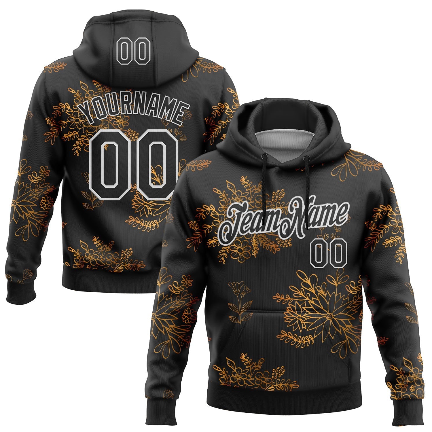 Custom Stitched Black White 3D Pattern Design Golden Subtle Floral Sports Pullover Sweatshirt Hoodie - Main View