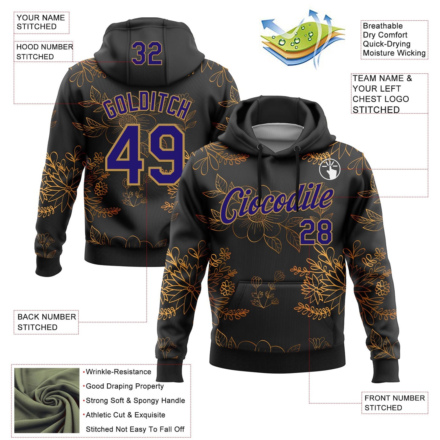 Custom Stitched Black Dark Purple-Old Gold 3D Pattern Design Golden Subtle Floral Sports Pullover Sweatshirt Hoodie view 2