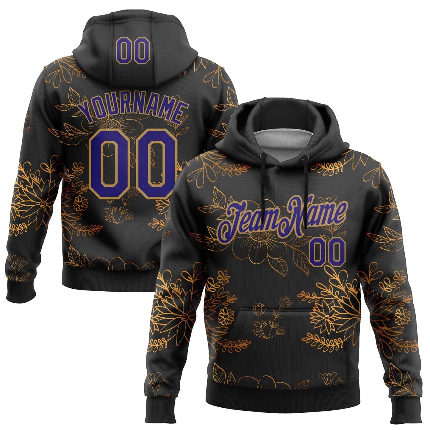 Custom Stitched Black Dark Purple-Old Gold 3D Pattern Design Golden Subtle Floral Sports Pullover Sweatshirt Hoodie - Main View