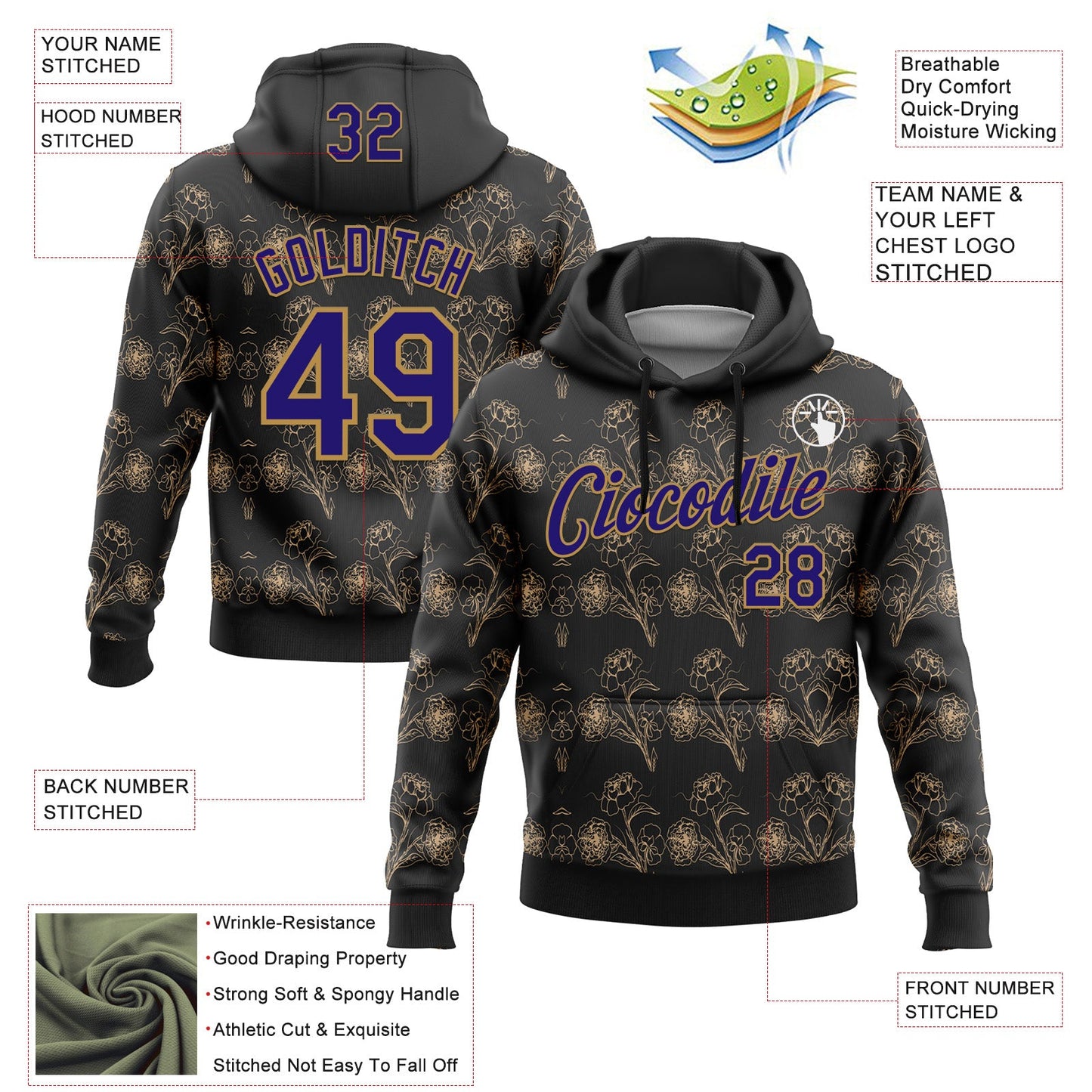 Custom Stitched Black Dark Purple-Old Gold 3D Pattern Design Golden Subtle Floral Sports Pullover Sweatshirt Hoodie view 2