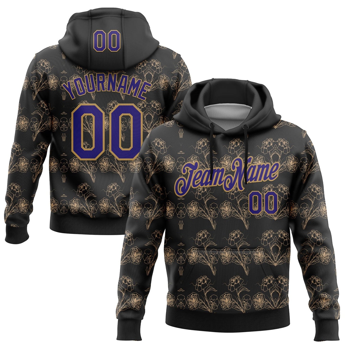 Custom Stitched Black Dark Purple-Old Gold 3D Pattern Design Golden Subtle Floral Sports Pullover Sweatshirt Hoodie - Main View