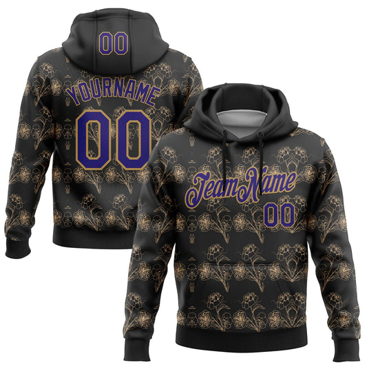 Custom Stitched Black Dark Purple-Old Gold 3D Pattern Design Golden Subtle Floral Sports Pullover Sweatshirt Hoodie - Main View