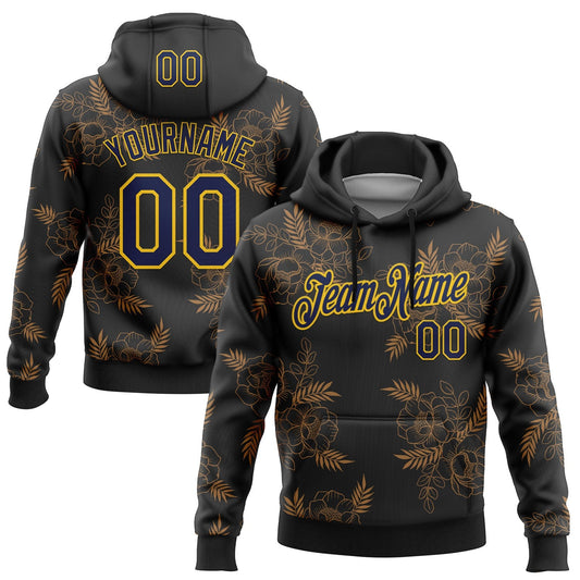 Custom Stitched Black Navy-Yellow 3D Pattern Design Golden Subtle Floral Sports Pullover Sweatshirt Hoodie - Main View