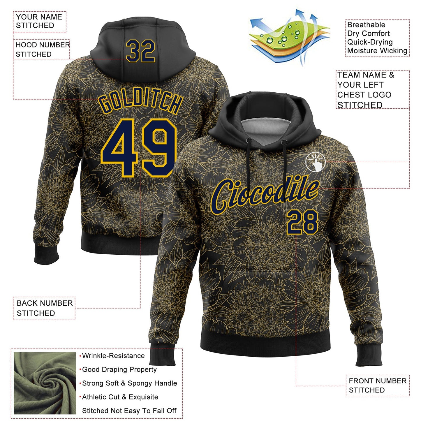 Custom Stitched Black Navy-Yellow 3D Pattern Design Golden Subtle Floral Sports Pullover Sweatshirt Hoodie view 2