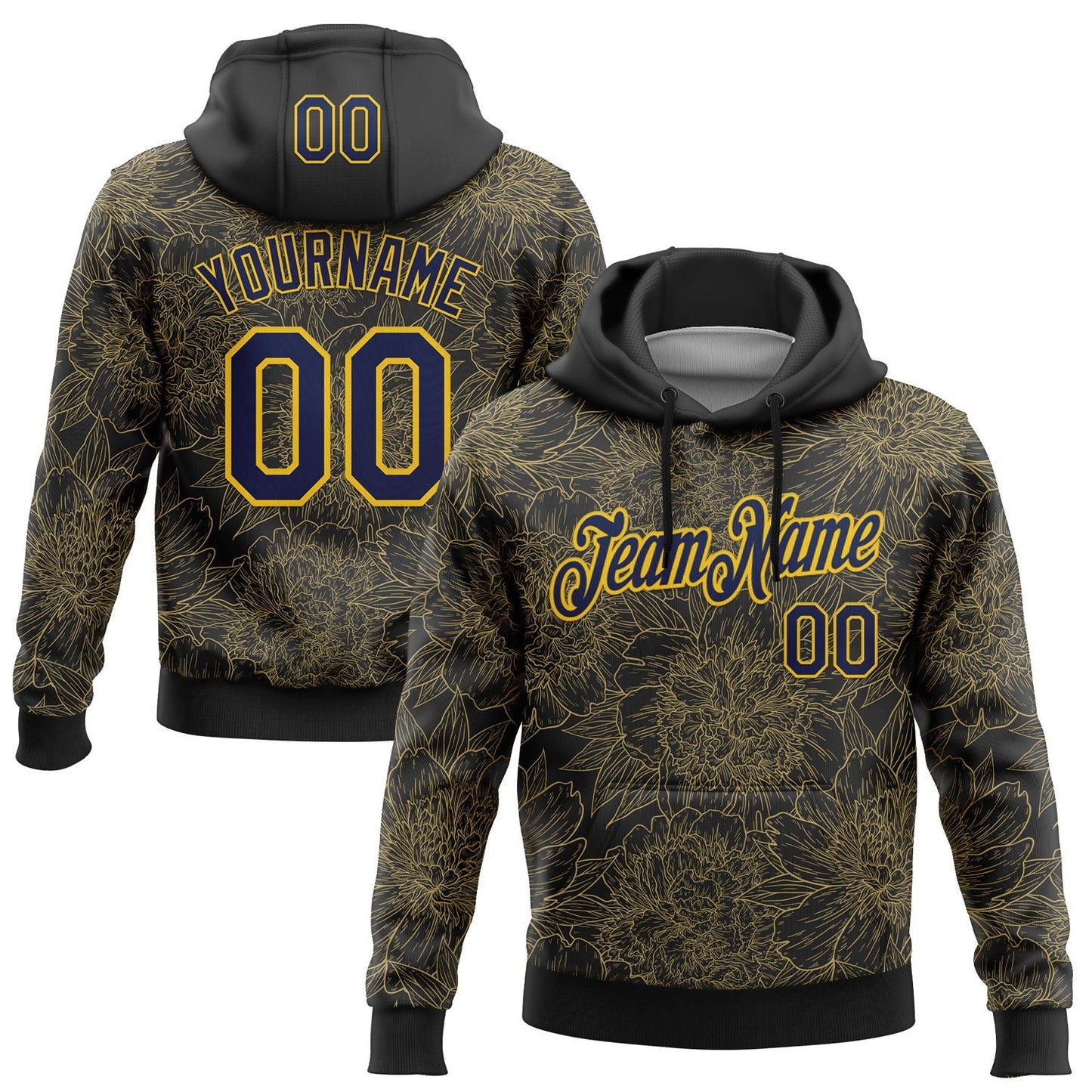 Custom Stitched Black Navy-Yellow 3D Pattern Design Golden Subtle Floral Sports Pullover Sweatshirt Hoodie - Main View