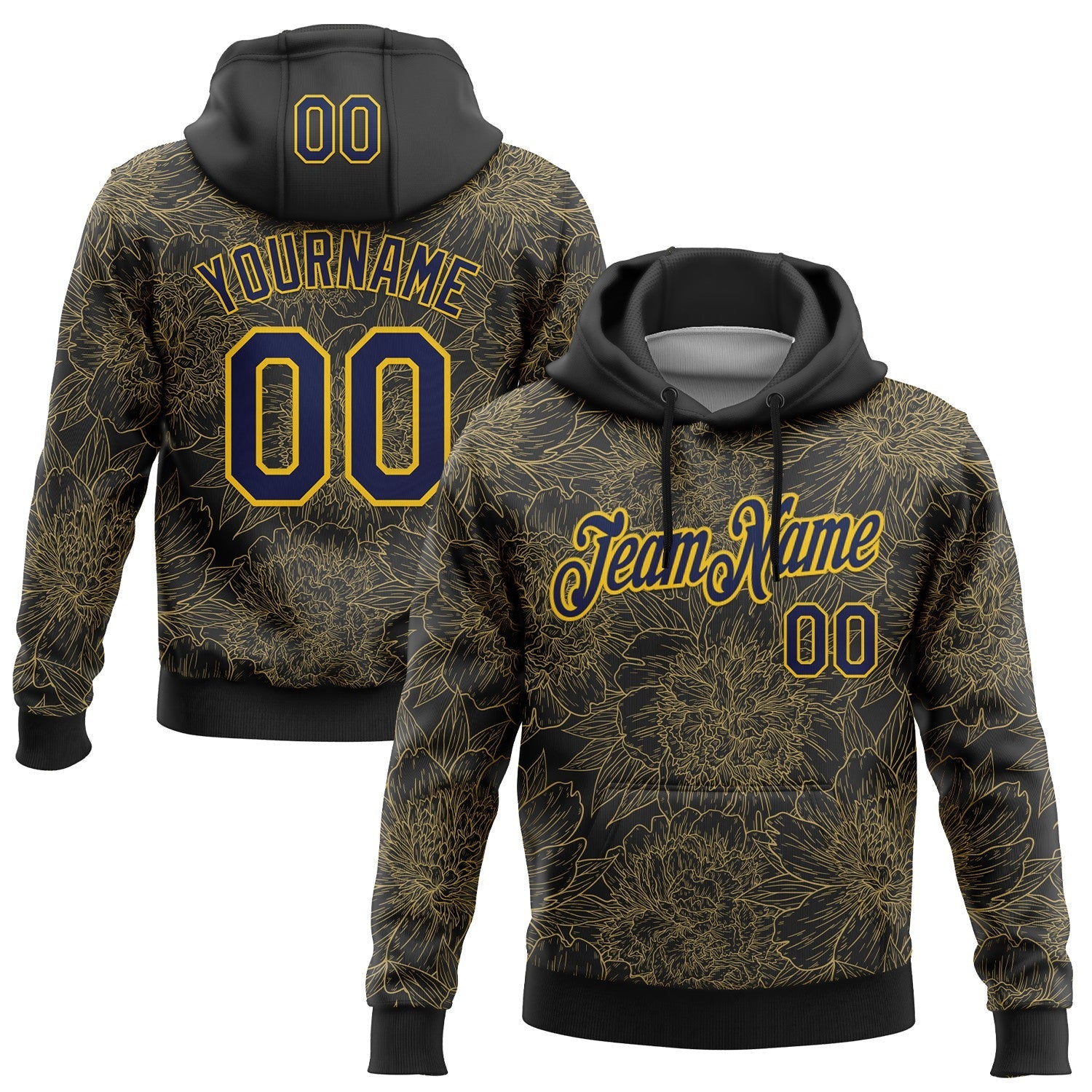 Custom Stitched Black Navy-Yellow 3D Pattern Design Golden Subtle Floral Sports Pullover Sweatshirt Hoodie - Main View