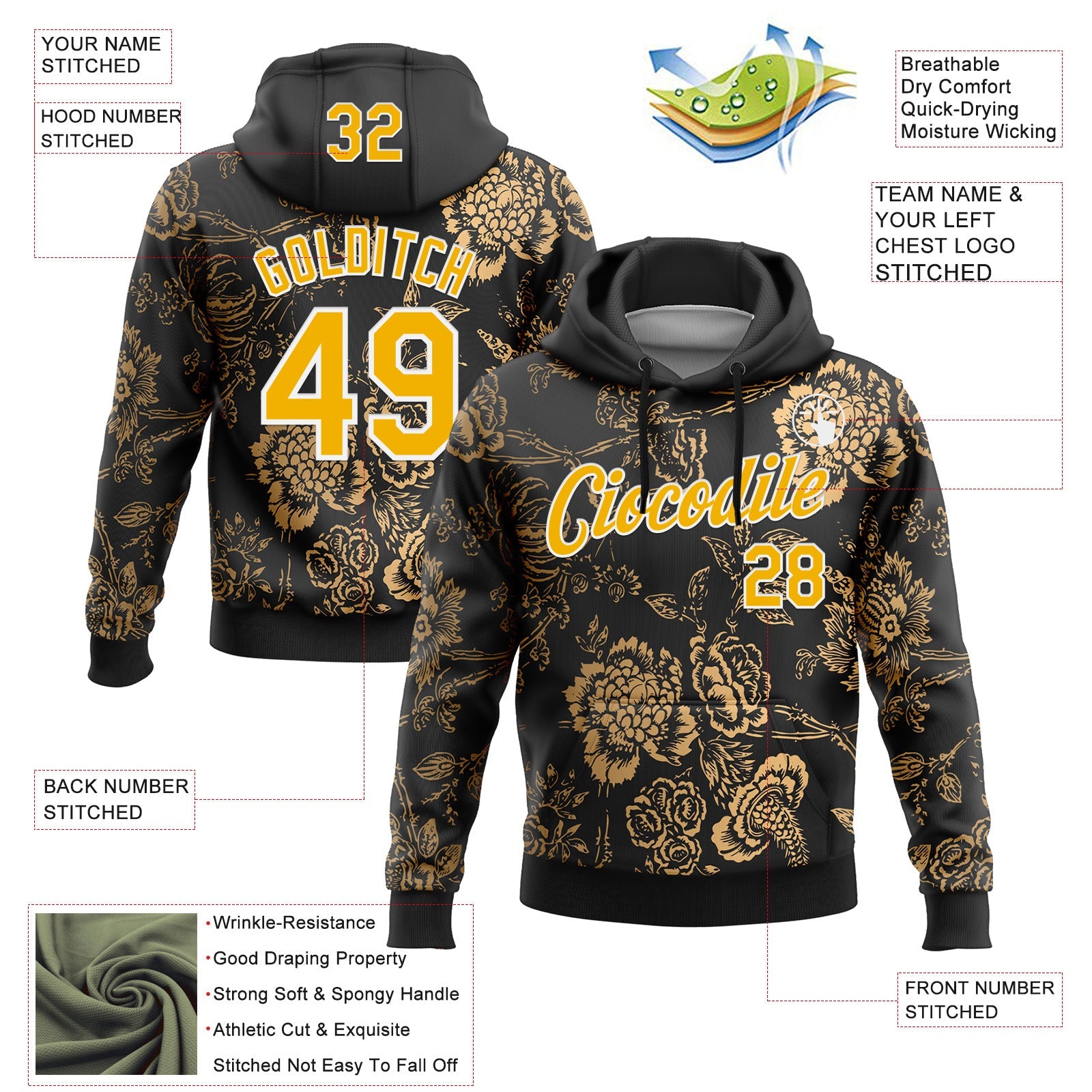 Custom Stitched Black Gold-White 3D Pattern Design Golden Subtle Floral Sports Pullover Sweatshirt Hoodie view 2