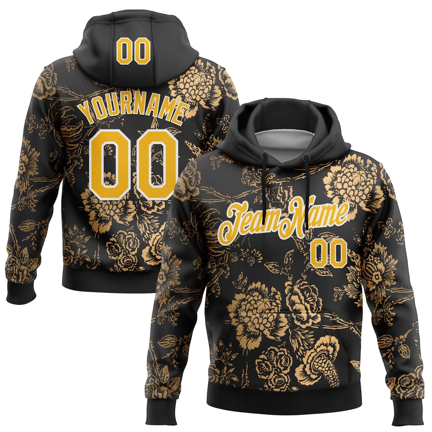 Custom Stitched Black Gold-White 3D Pattern Design Golden Subtle Floral Sports Pullover Sweatshirt Hoodie - Main View