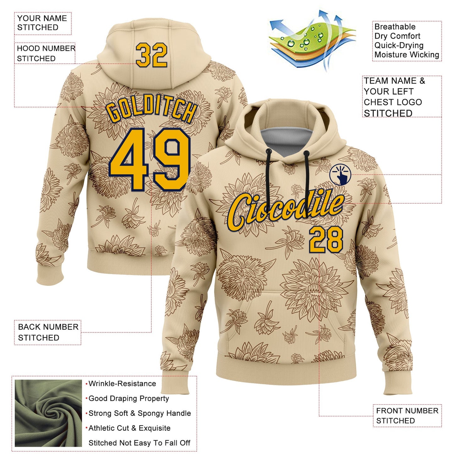 Custom Stitched City Cream Gold-Navy 3D Pattern Design Subtle Floral Sports Pullover Sweatshirt Hoodie view 2