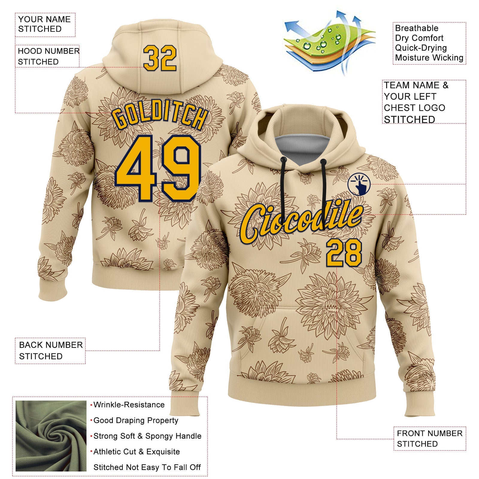 Custom Stitched City Cream Gold-Navy 3D Pattern Design Subtle Floral Sports Pullover Sweatshirt Hoodie view 2
