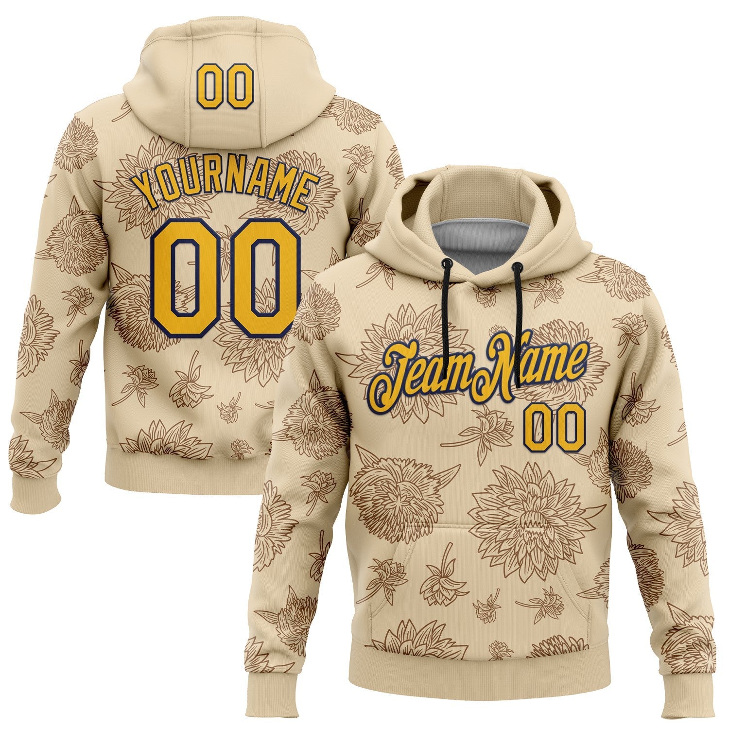 Custom Stitched City Cream Gold-Navy 3D Pattern Design Subtle Floral Sports Pullover Sweatshirt Hoodie - Main View
