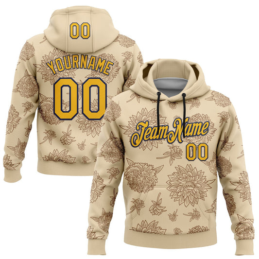 Custom Stitched City Cream Gold-Navy 3D Pattern Design Subtle Floral Sports Pullover Sweatshirt Hoodie - Main View