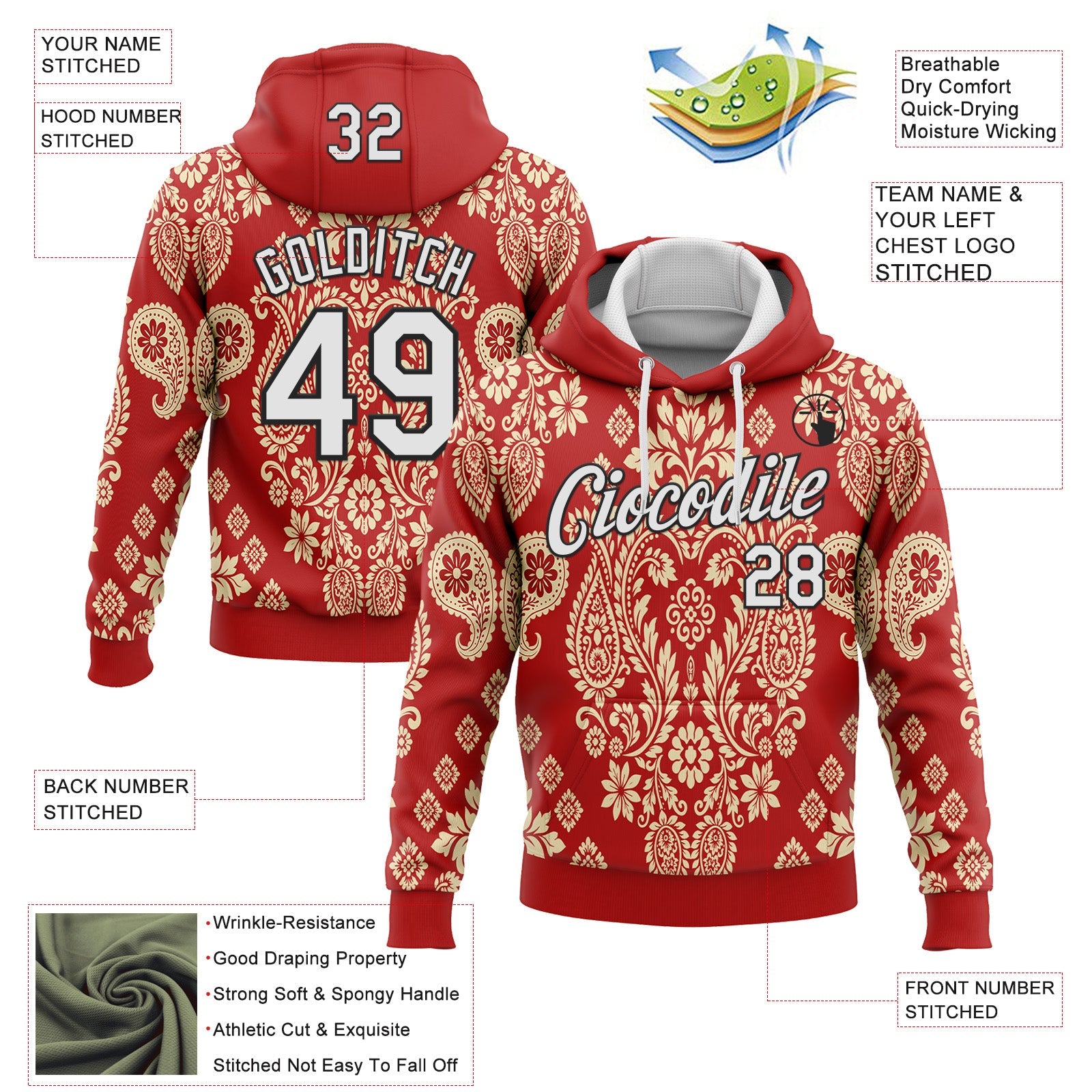 Custom Stitched Red White Cream-Black 3D Pattern Design Ethnic Paisley Floral Bandana Sports Pullover Sweatshirt Hoodie view 2