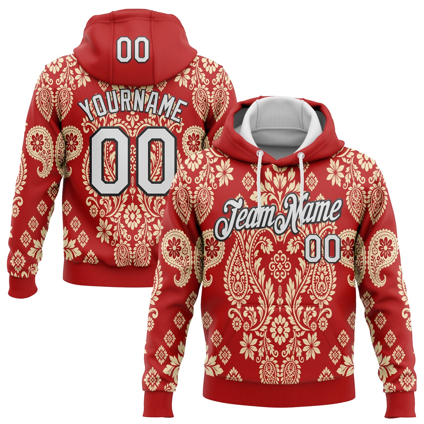 Custom Stitched Red White Cream-Black 3D Pattern Design Ethnic Paisley Floral Bandana Sports Pullover Sweatshirt Hoodie - Main View