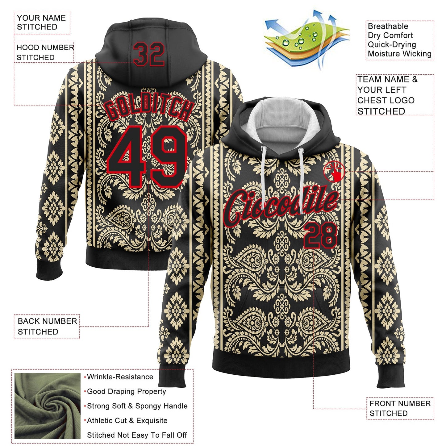 Custom Stitched Black Cream-Fire Red 3D Pattern Design Ethnic Paisley Floral Bandana Sports Pullover Sweatshirt Hoodie view 2