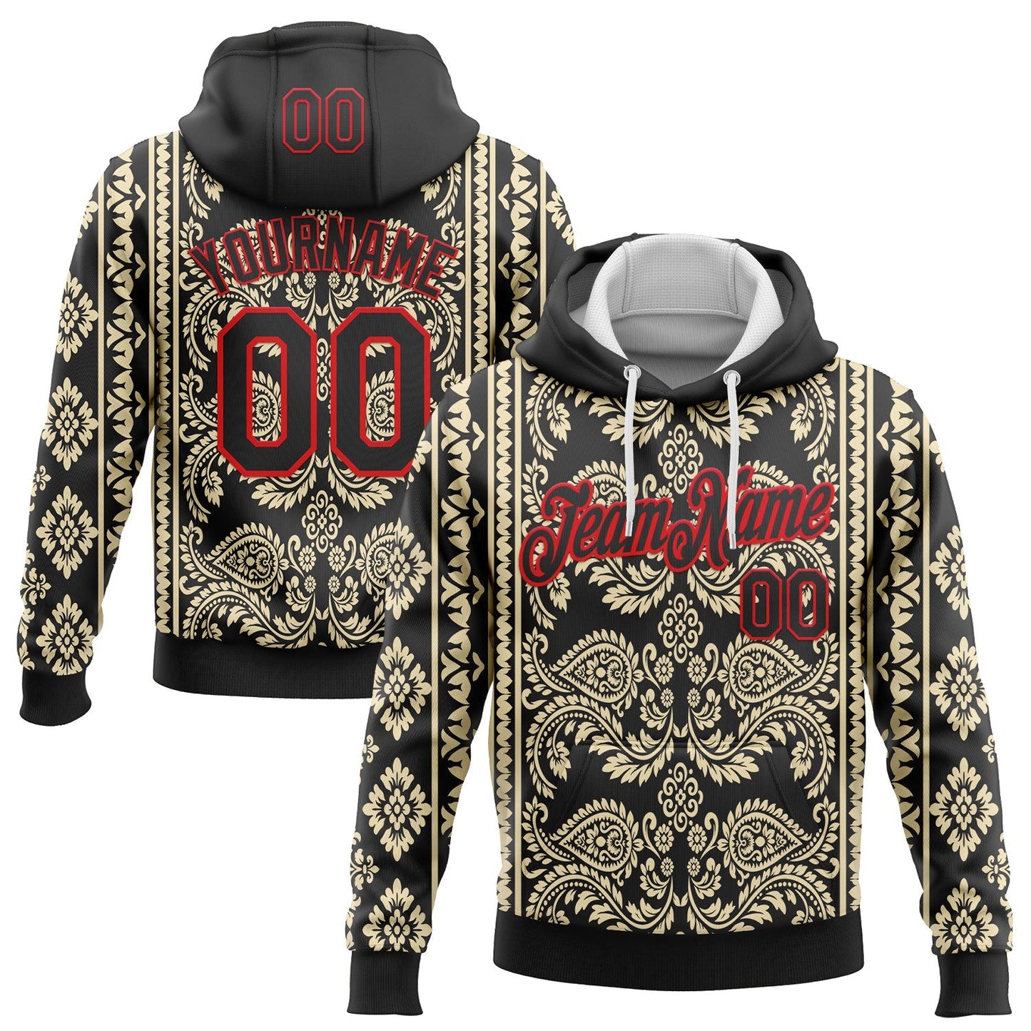 Custom Stitched Black Cream-Fire Red 3D Pattern Design Ethnic Paisley Floral Bandana Sports Pullover Sweatshirt Hoodie - Main View
