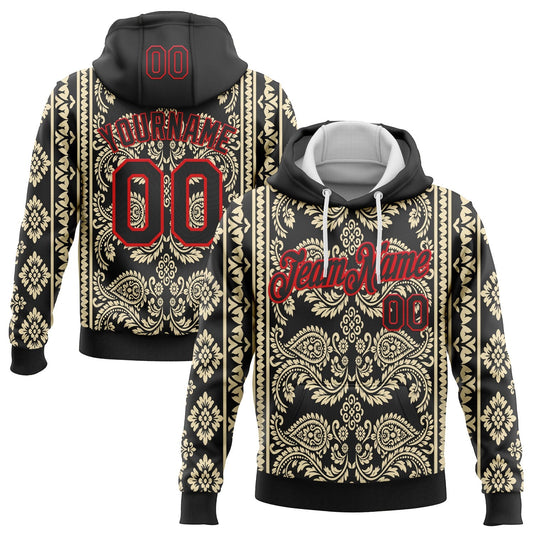 Custom Stitched Black Cream-Fire Red 3D Pattern Design Ethnic Paisley Floral Bandana Sports Pullover Sweatshirt Hoodie - Main View