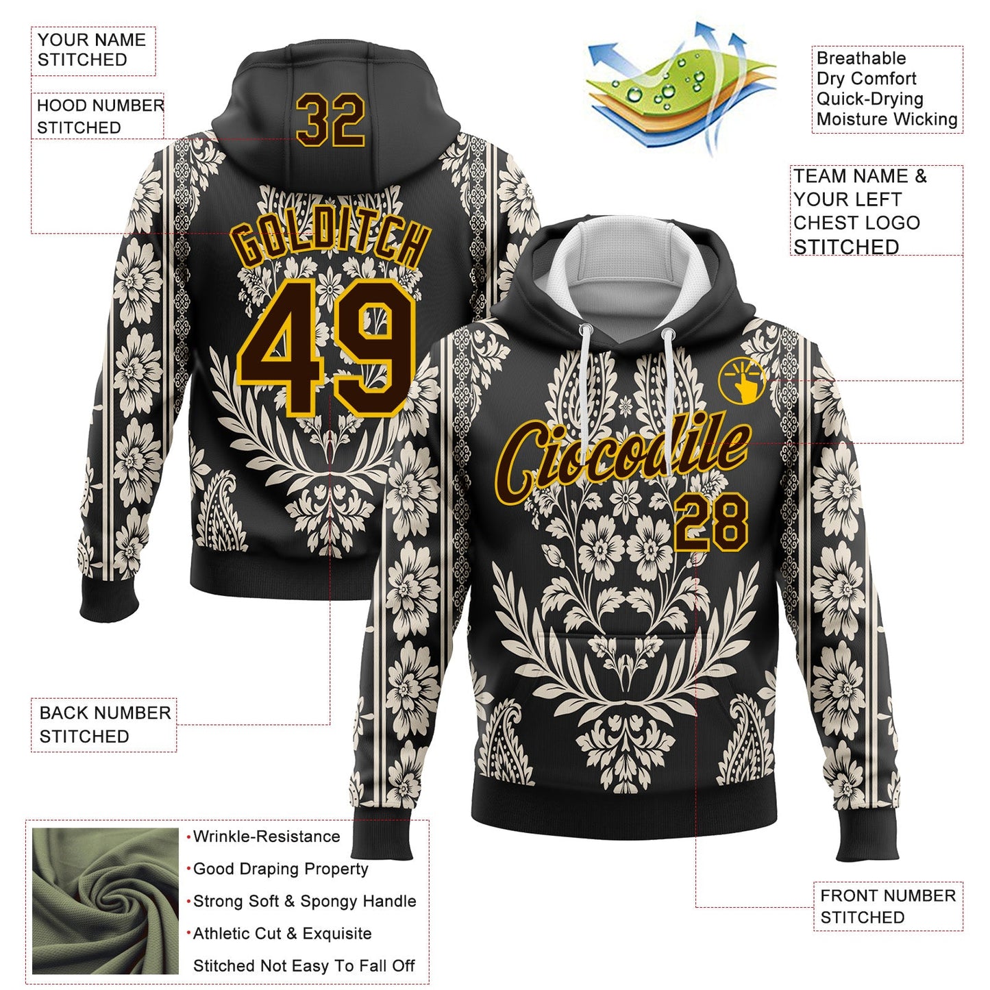 Custom Stitched Black Brown Cream-Yellow 3D Pattern Design Ethnic Paisley Floral Bandana Sports Pullover Sweatshirt Hoodie view 2