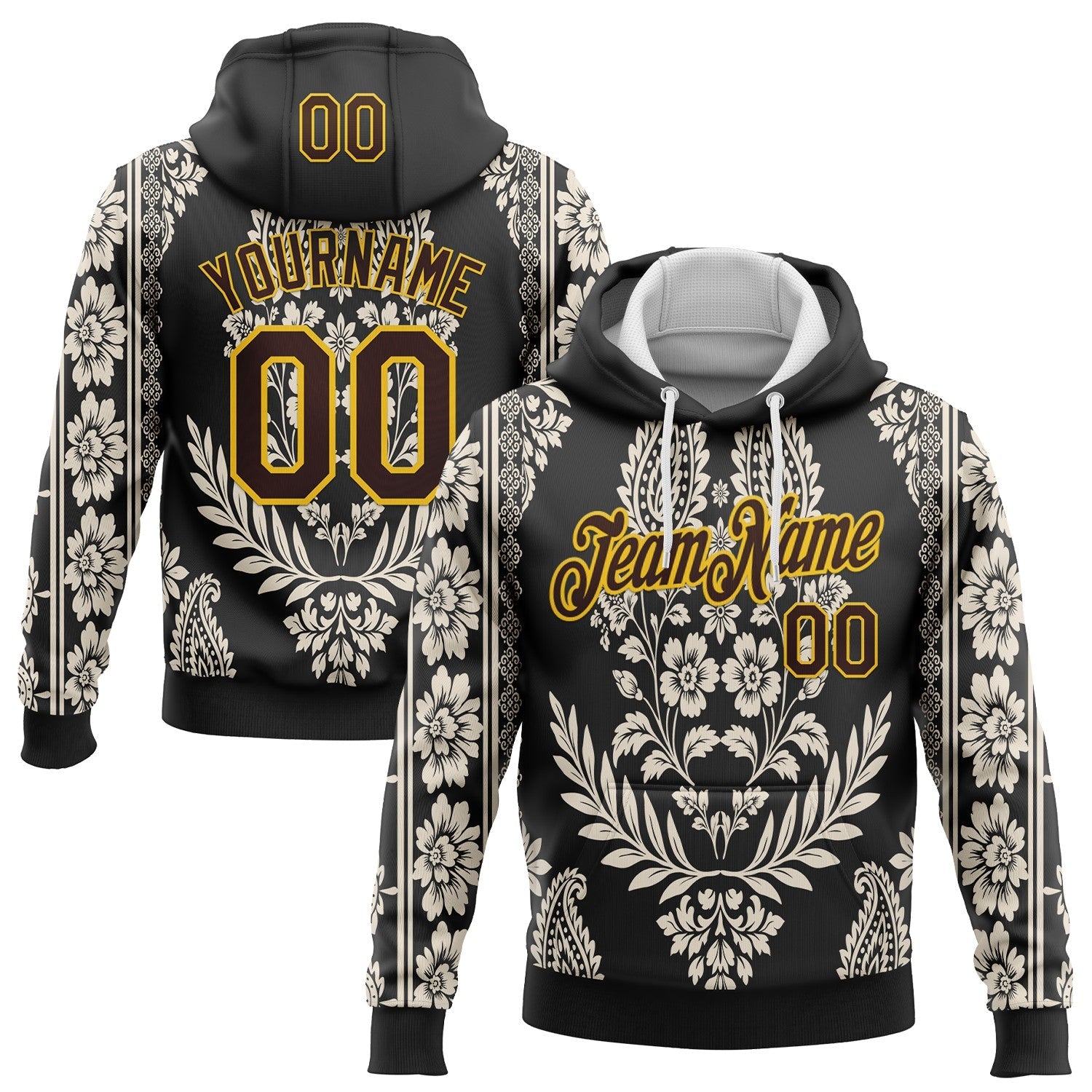 Custom Stitched Black Brown Cream-Yellow 3D Pattern Design Ethnic Paisley Floral Bandana Sports Pullover Sweatshirt Hoodie - Main View