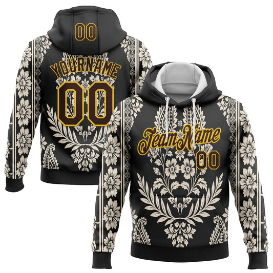 Custom Stitched Black Brown Cream-Yellow 3D Pattern Design Ethnic Paisley Floral Bandana Sports Pullover Sweatshirt Hoodie - Main View