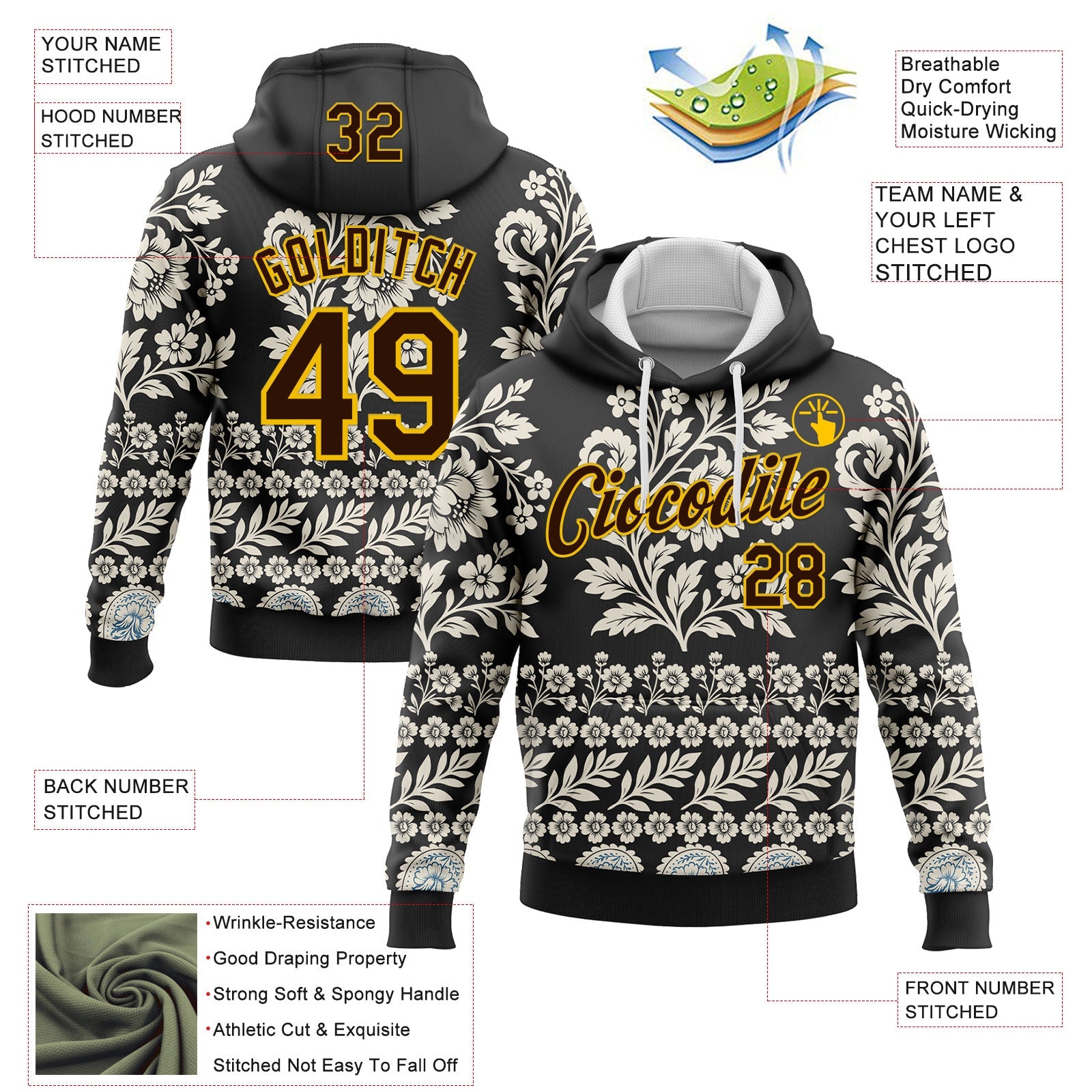 Custom Stitched Black Brown Cream-Yellow 3D Pattern Design Ethnic Paisley Floral Bandana Sports Pullover Sweatshirt Hoodie view 2