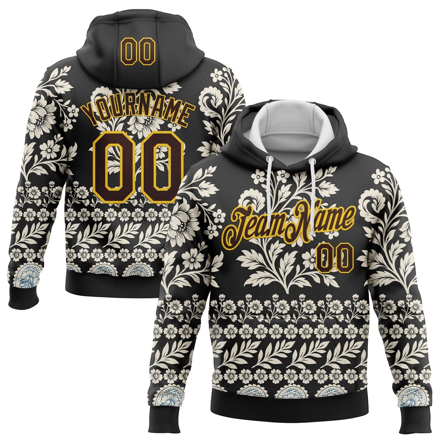 Custom Stitched Black Brown Cream-Yellow 3D Pattern Design Ethnic Paisley Floral Bandana Sports Pullover Sweatshirt Hoodie - Main View