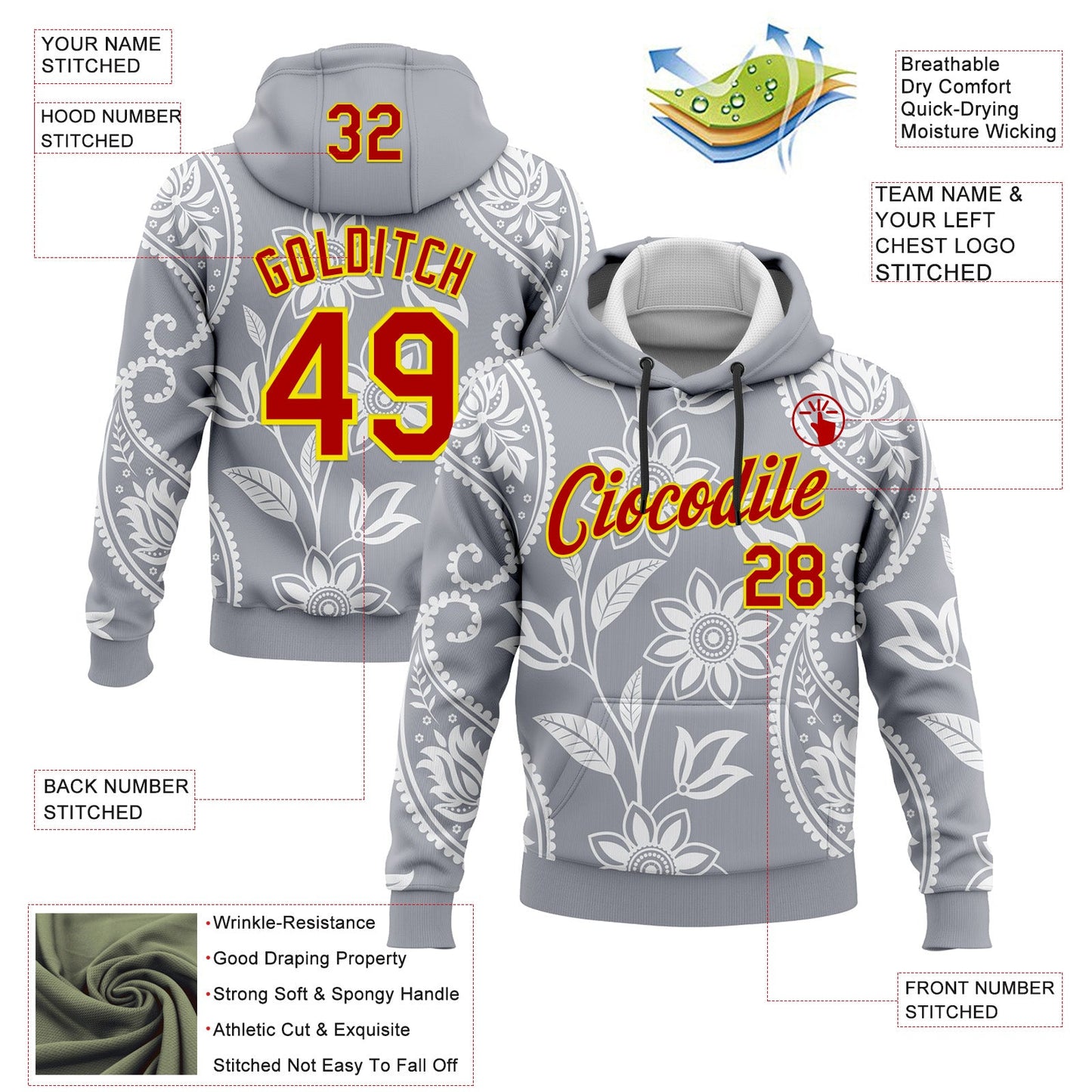 Custom Stitched Gray Red-Light Yellow 3D Pattern Design Ethnic Paisley Floral Bandana Sports Pullover Sweatshirt Hoodie view 2