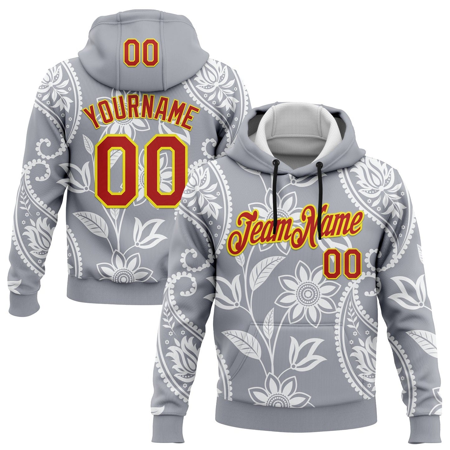 Custom Stitched Gray Red-Light Yellow 3D Pattern Design Ethnic Paisley Floral Bandana Sports Pullover Sweatshirt Hoodie - Main View