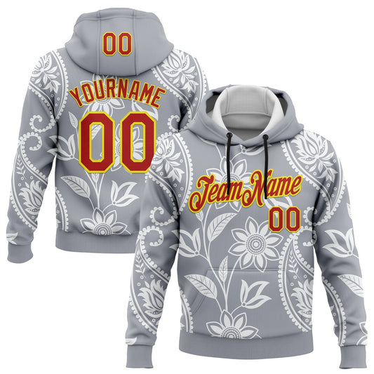 Custom Stitched Gray Red-Light Yellow 3D Pattern Design Ethnic Paisley Floral Bandana Sports Pullover Sweatshirt Hoodie - Main View