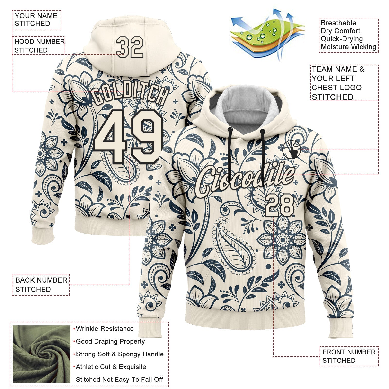 Custom Stitched Cream Black 3D Pattern Design Ethnic Paisley Floral Bandana Sports Pullover Sweatshirt Hoodie view 2