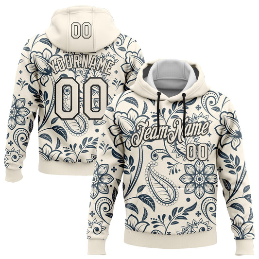 Custom Stitched Cream Black 3D Pattern Design Ethnic Paisley Floral Bandana Sports Pullover Sweatshirt Hoodie - Main View
