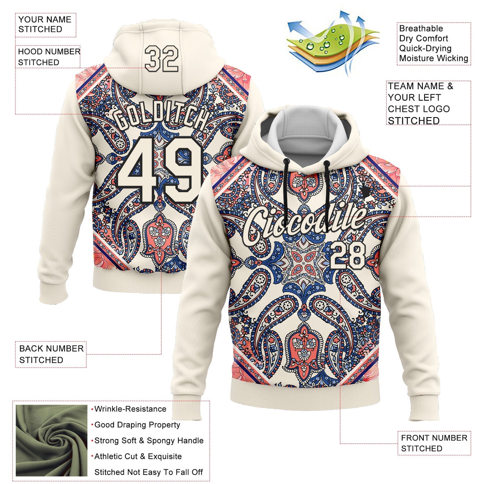 Custom Stitched Cream Black 3D Pattern Design Ethnic Paisley Floral Bandana Sports Pullover Sweatshirt Hoodie view 2