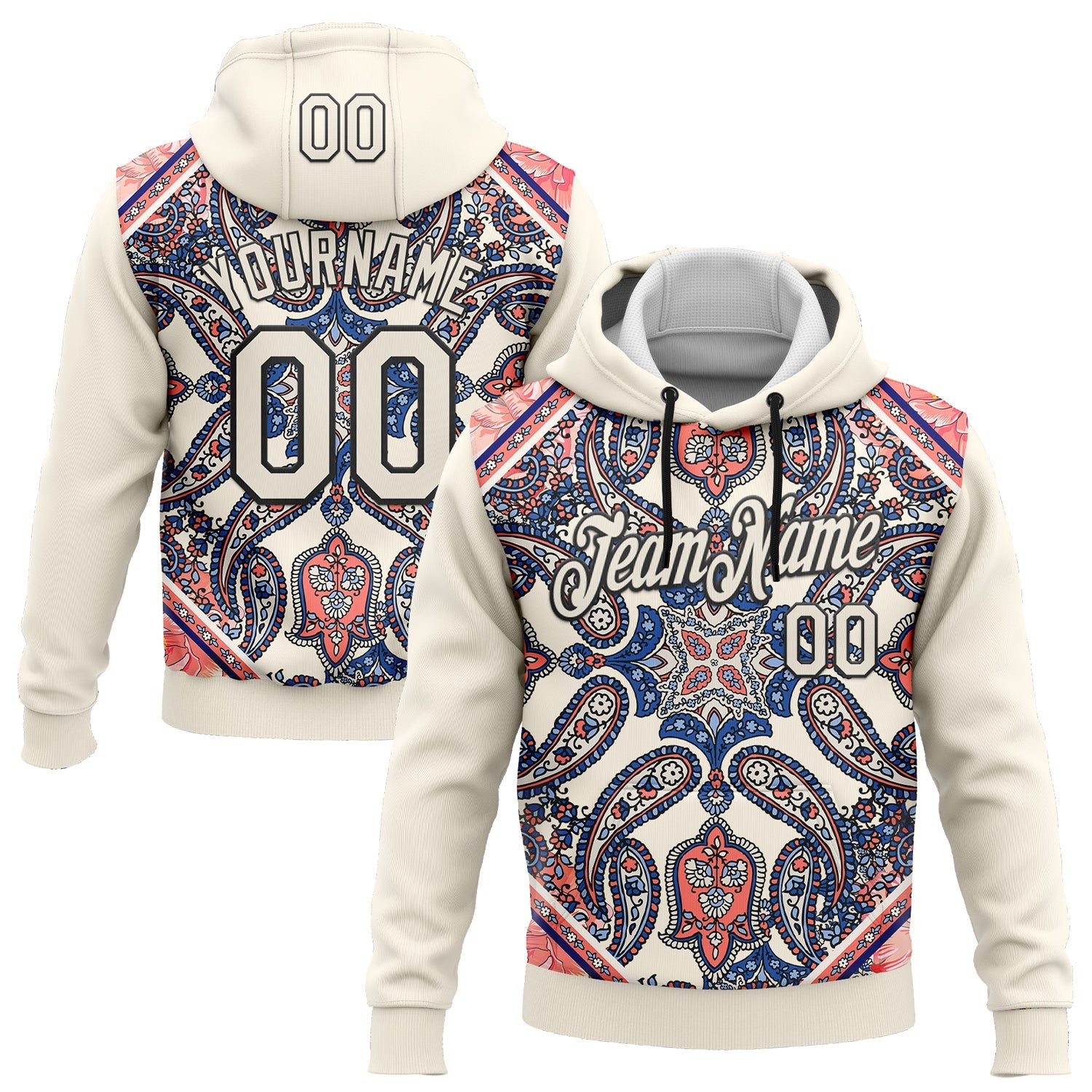 Custom Stitched Cream Black 3D Pattern Design Ethnic Paisley Floral Bandana Sports Pullover Sweatshirt Hoodie - Main View