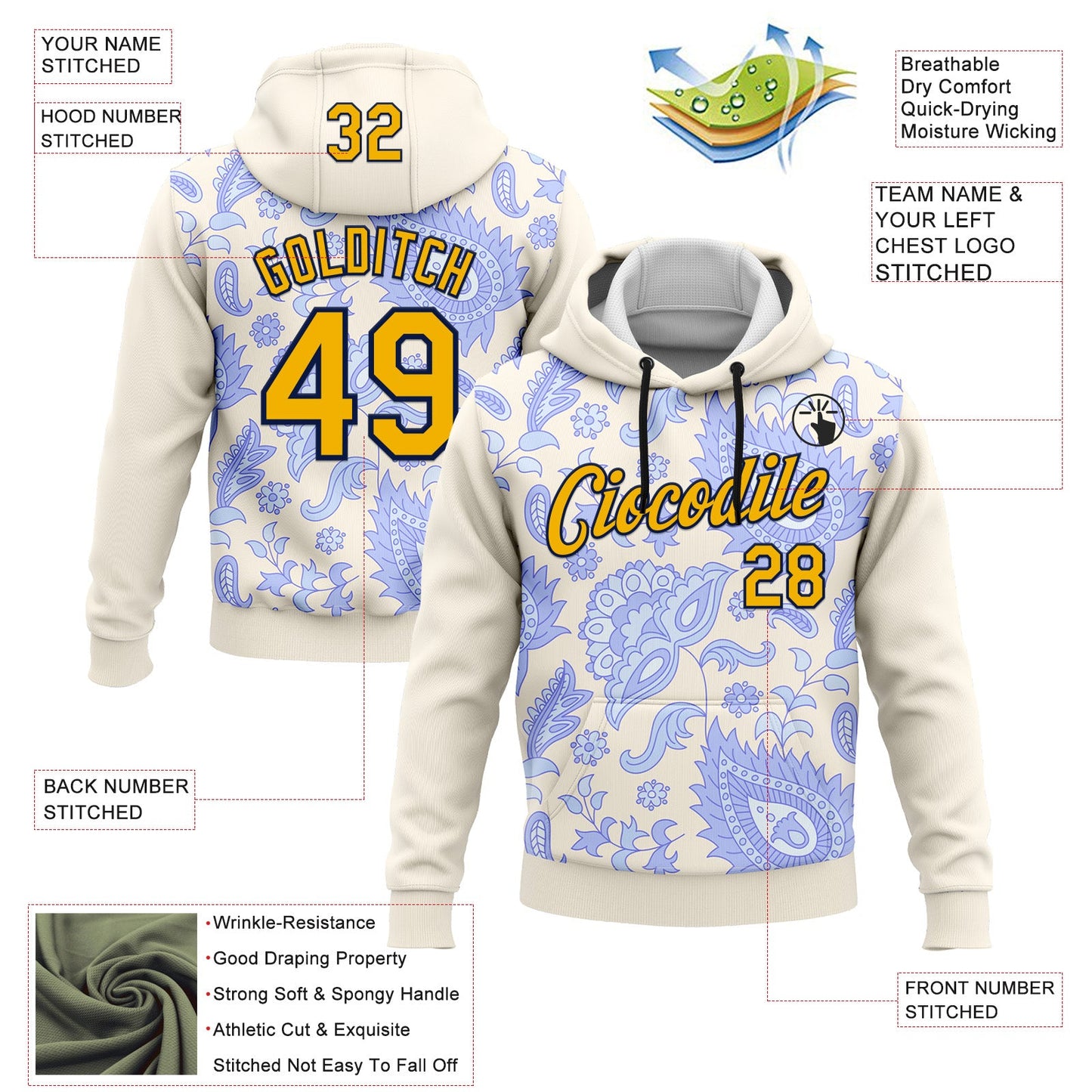 Custom Stitched Cream Gold-Navy 3D Pattern Design Ethnic Paisley Floral Bandana Sports Pullover Sweatshirt Hoodie view 2