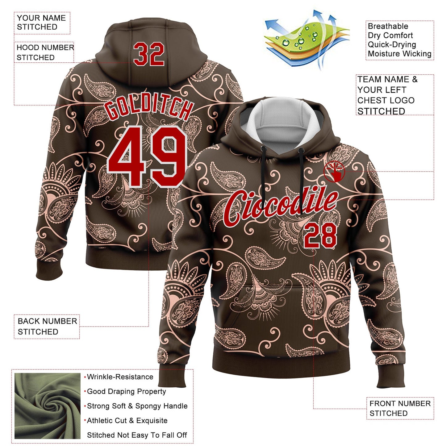 Custom Stitched Brown Red-White 3D Pattern Design Ethnic Paisley Floral Bandana Sports Pullover Sweatshirt Hoodie view 2