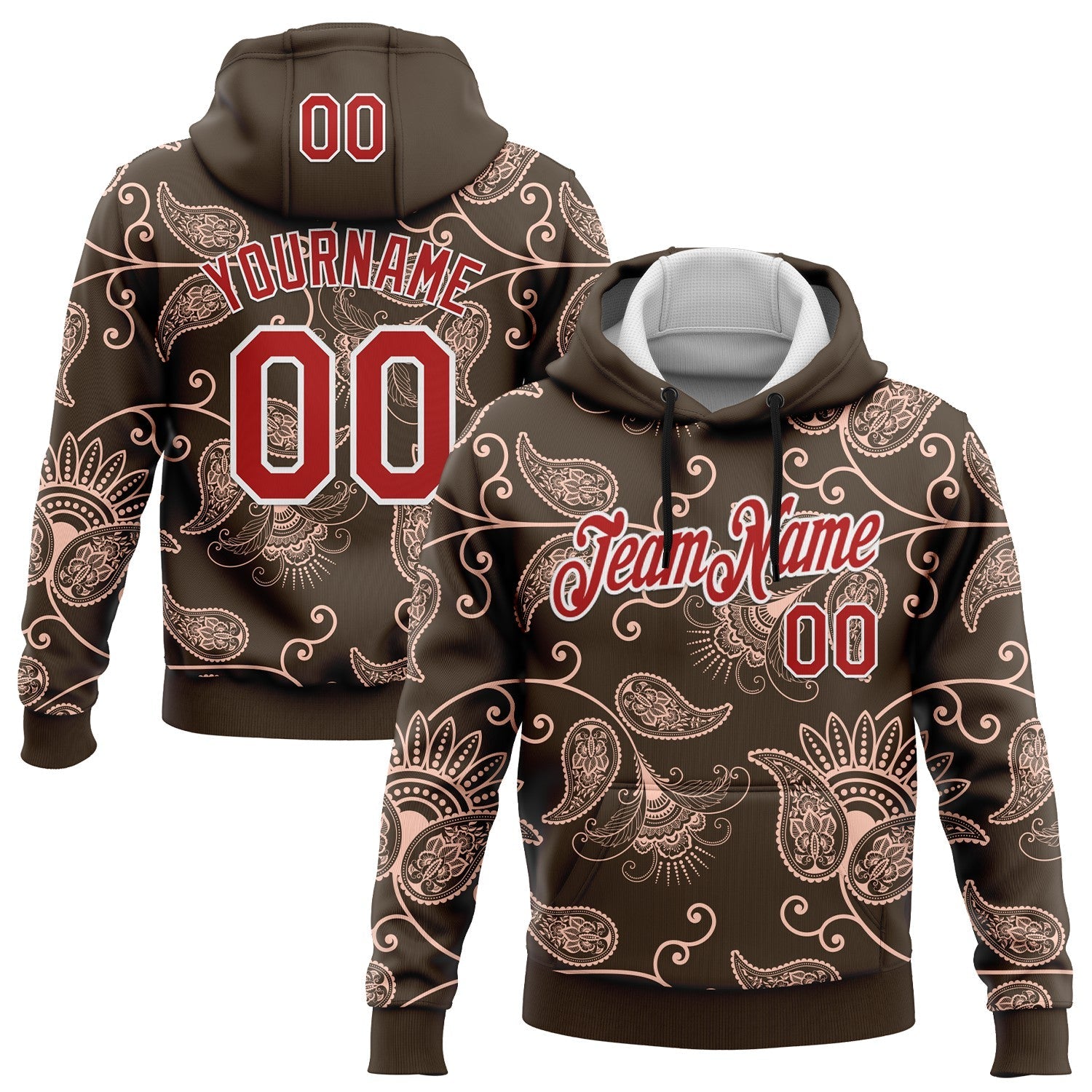 Custom Stitched Brown Red-White 3D Pattern Design Ethnic Paisley Floral Bandana Sports Pullover Sweatshirt Hoodie - Main View