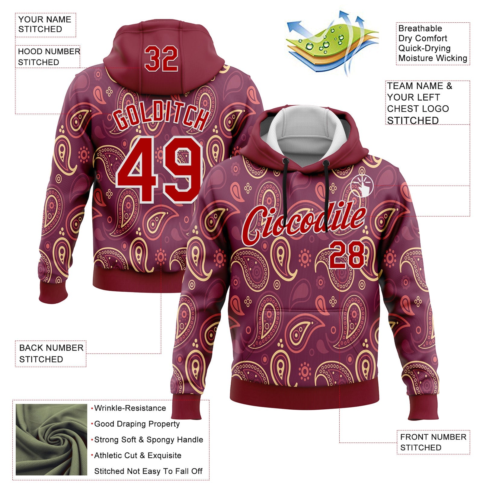 Custom Stitched Crimson Red-White 3D Pattern Design Ethnic Paisley Floral Bandana Sports Pullover Sweatshirt Hoodie view 2