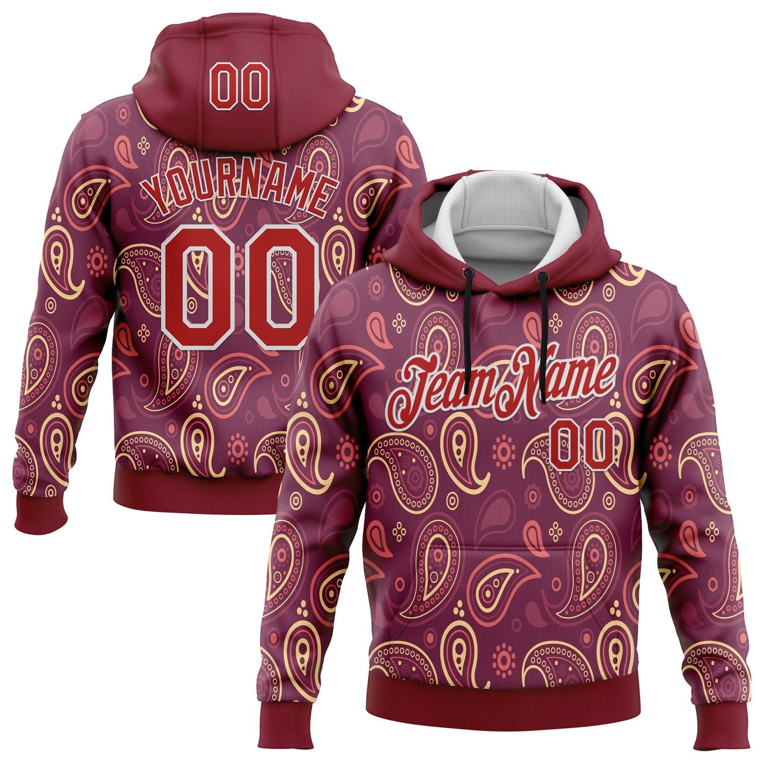 Custom Stitched Crimson Red-White 3D Pattern Design Ethnic Paisley Floral Bandana Sports Pullover Sweatshirt Hoodie - Main View
