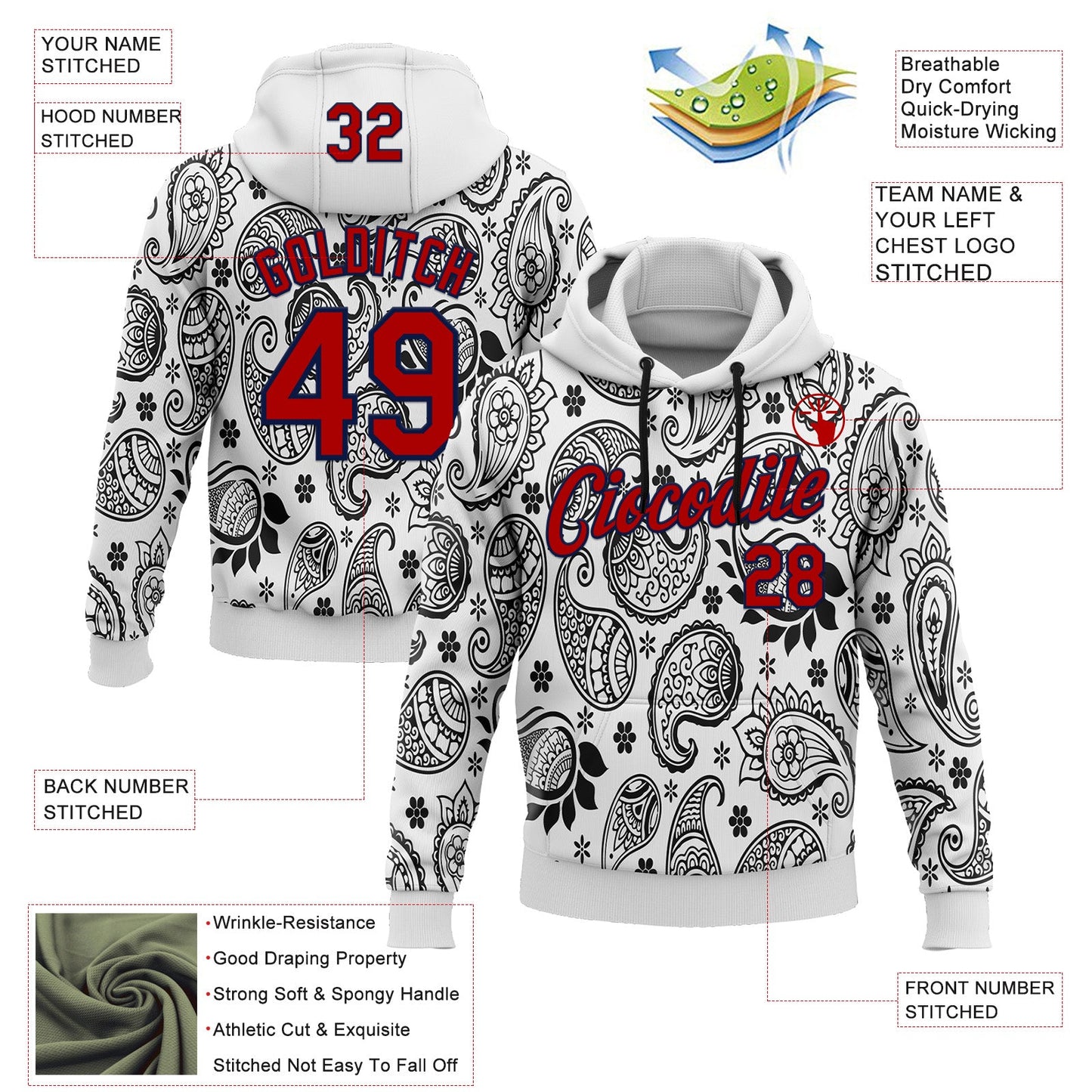Custom Stitched White Red-Navy 3D Pattern Design Ethnic Paisley Floral Bandana Sports Pullover Sweatshirt Hoodie view 2