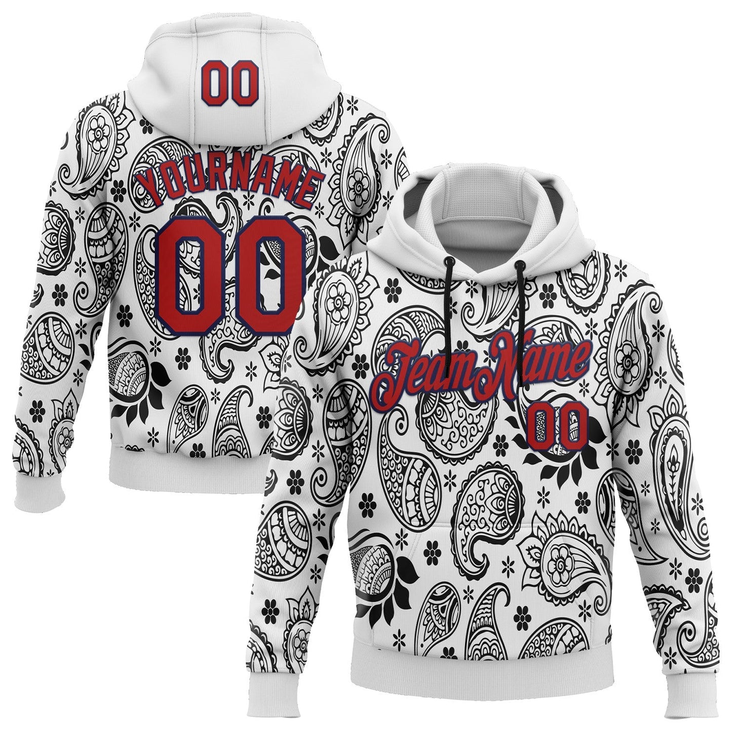 Custom Stitched White Red-Navy 3D Pattern Design Ethnic Paisley Floral Bandana Sports Pullover Sweatshirt Hoodie - Main View